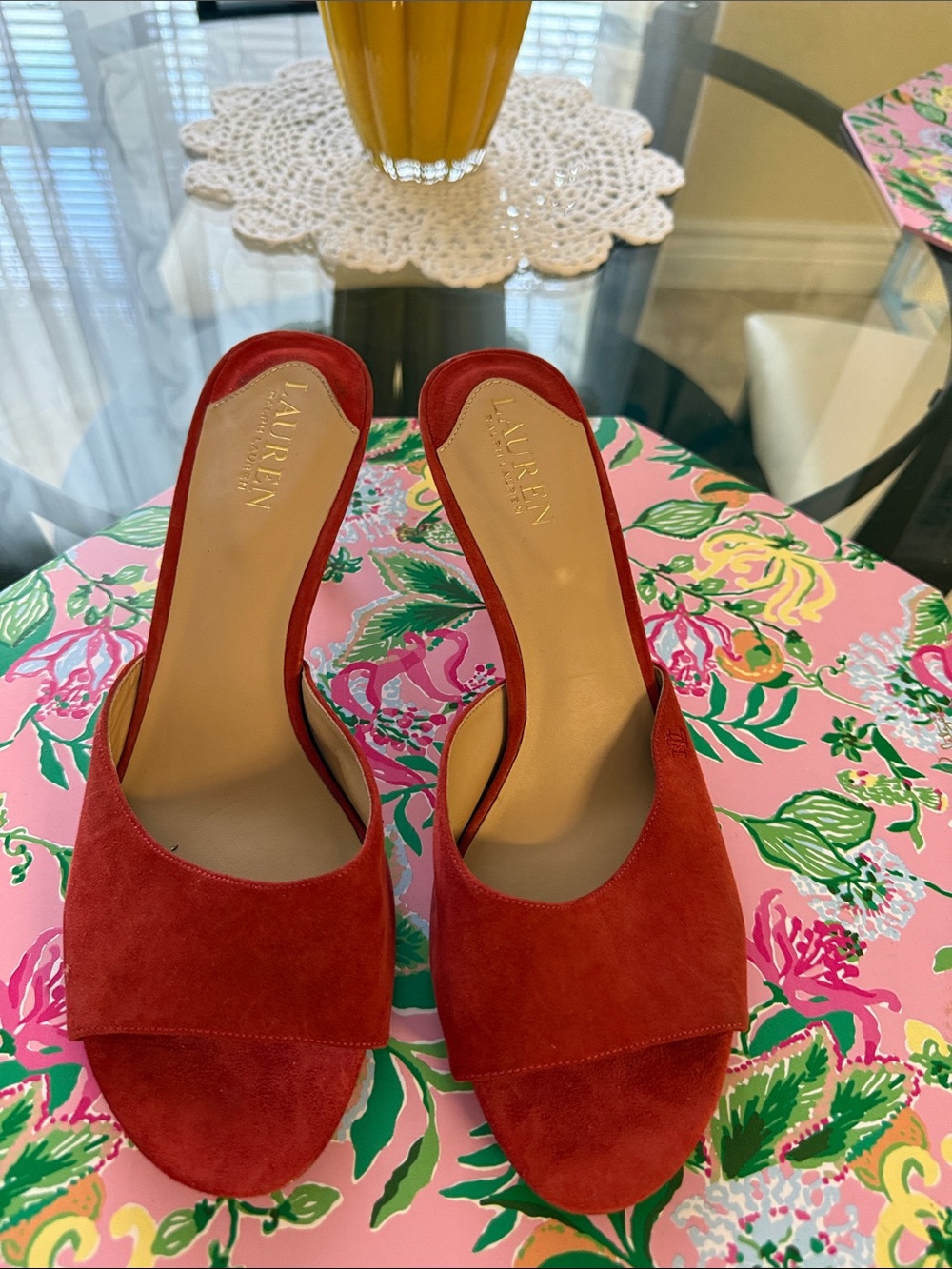 Lauren Ralph Lauren Scarlet Suede Open-Toe Mules